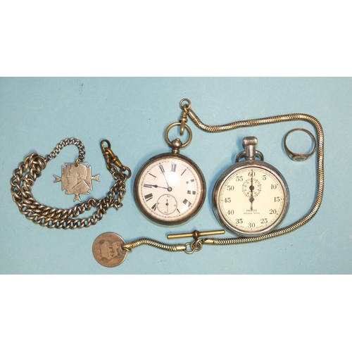 262 - An 800-silver-cased open-faced key-wind pocket watch, (not working), a silver graduated curb-link wa... 