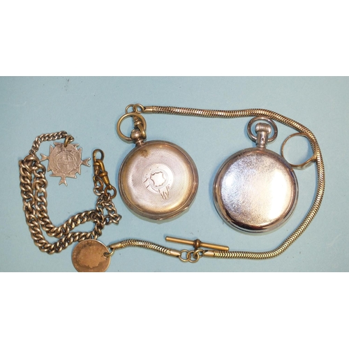 262 - An 800-silver-cased open-faced key-wind pocket watch, (not working), a silver graduated curb-link wa... 