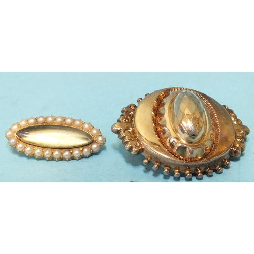 271 - A Victorian pearl-set elliptical locket brooch, 16mm long, 3.1g, (back dented) and a gold-plated loc... 