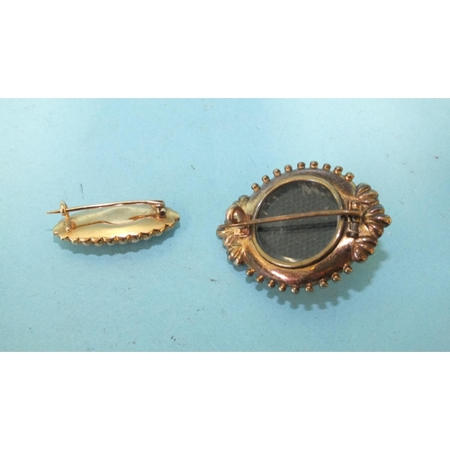 271 - A Victorian pearl-set elliptical locket brooch, 16mm long, 3.1g, (back dented) and a gold-plated loc... 