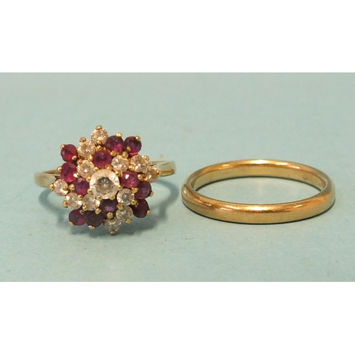 274 - A 9ct gold cluster ring set round-cut rubies and white synthetic stones, size Q and a 9ct gold weddi... 