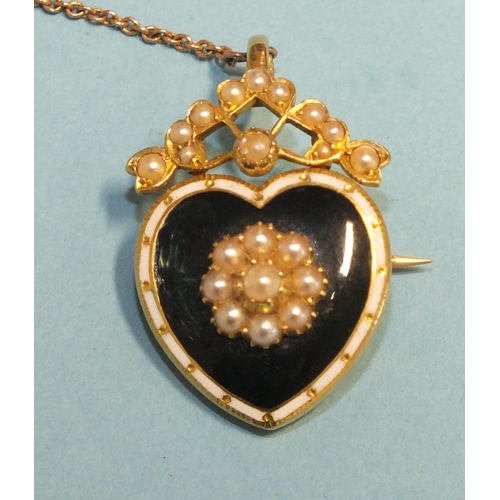 288 - An Edwardian mourning brooch/pendant set pearl cluster, on black enamel heart-shaped plaque below pe... 