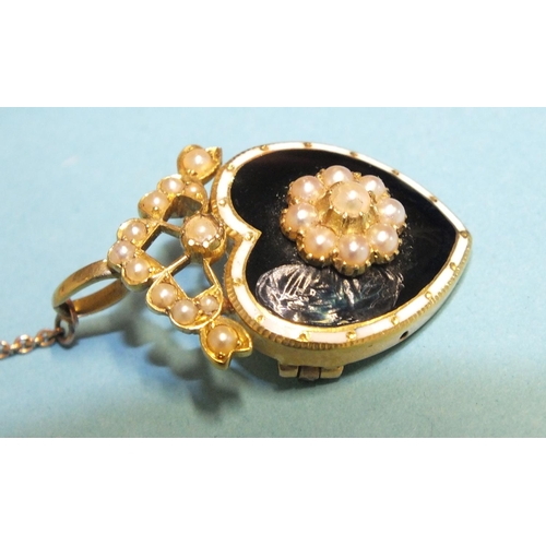 288 - An Edwardian mourning brooch/pendant set pearl cluster, on black enamel heart-shaped plaque below pe... 