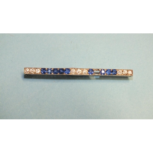 292 - An Art Deco sapphire and diamond bar brooch set three triplets of old brilliant-cut diamonds, with t... 