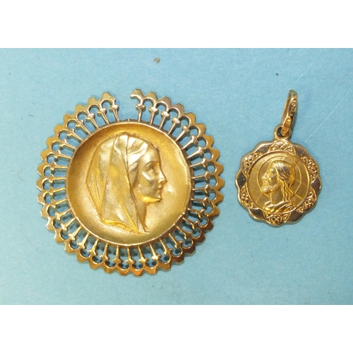 294 - Two gold religious pendants, one marked '18ct', the other a/f, 2.9g, (2).