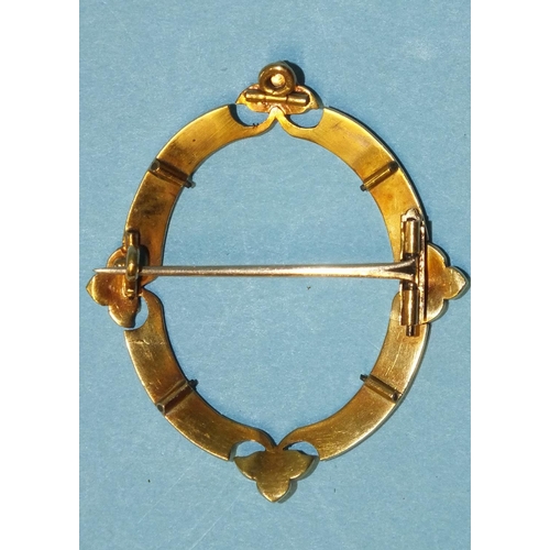 296 - A Victorian gold brooch frame set demi-pearls of oval form, with four pearl triplets, possibly for a... 