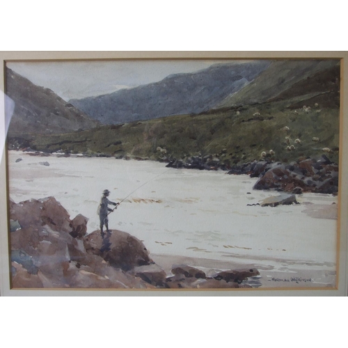 30 - Norman Wilkinson (British, 1878-1971) BOTHY POOL, RIVER AWE, FISHERMAN STANDING ON A ROCK WITH SHEEP... 