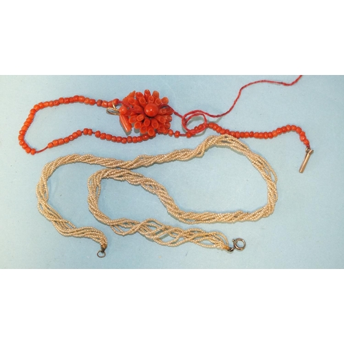 300 - A necklace of six twisted strands of seed pearls, 38cm long, a coral pendant of floral form, (one co... 