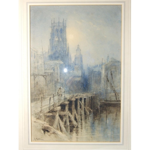 31 - H Pope FIGURE ON HARBOURSIDE CATWALK WITH CHURCH BEHIND Signed watercolour, 51 x 34cm.... 