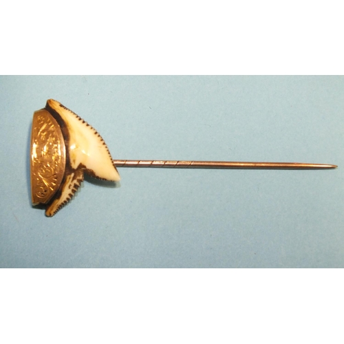 324 - A gold-mounted shark tooth stick pin, gross weight 4.9g.