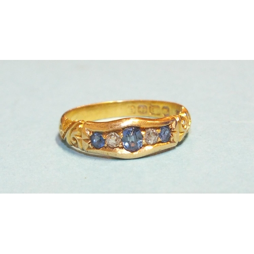 327 - An 18ct gold gypsy ring set three sapphires and two 8/8-cut diamonds, size L½, 3.2g.... 