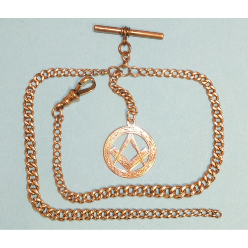 338 - A 9ct rose gold curb-link Albert watch chain, with gold Masonic fob and plated T-bar, gross weight 2... 