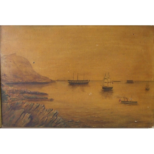 42 - B Yate (Naïve School) A HULK, STEAM TUG AND OTHER VESSELS IN PLYMOUTH SOUND Signed oil on canvas, da... 