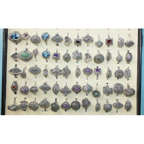 443 - Sixty silver rings set marcasite, some set coloured stones and pastes, all marked 'Silver', 277g, si... 