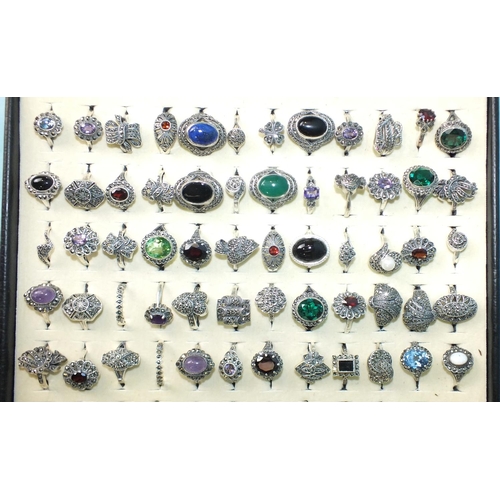 445 - Sixty silver rings set marcasite, some set coloured stones and pastes, all marked 'Silver', 263g, si... 