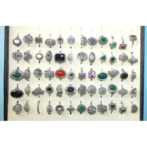 447 - Sixty silver rings set marcasite, some set coloured stones and pastes, all marked 'Silver', 244g, si... 