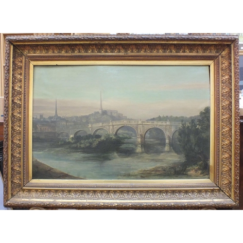45 - H B Hi.....? (19th Century) ENGLISH BRIDGE, SHREWSBURY Oil on canvas, indistinctly-signed and dated ... 