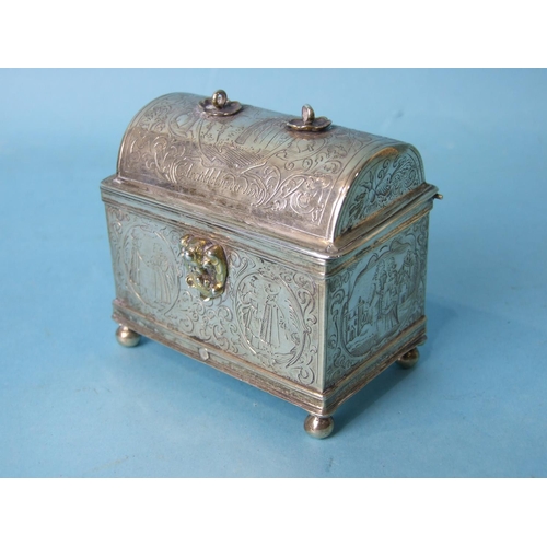 467 - An 18th century Continental marriage casket, the domed lid and rectangular body on ball feet, engrav... 