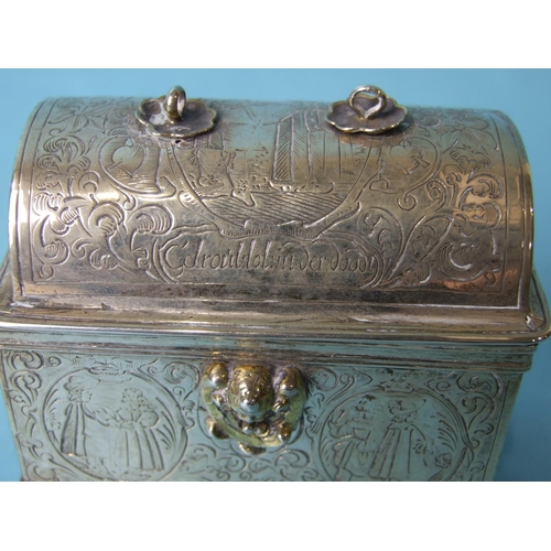 467 - An 18th century Continental marriage casket, the domed lid and rectangular body on ball feet, engrav... 