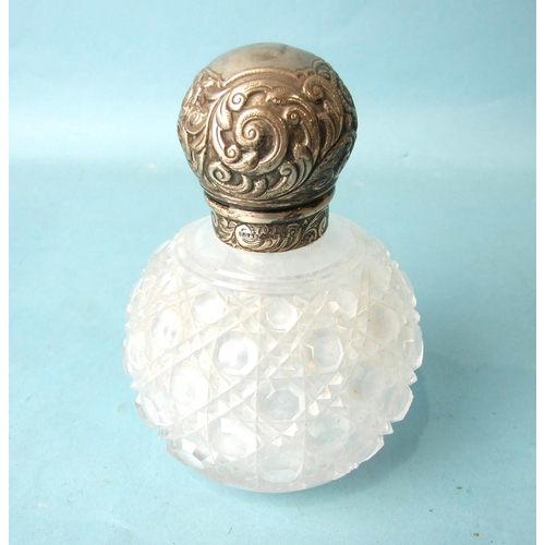 494 - A Victorian silver-topped hobnail-cut glass scent bottle, Birmingham 1888, with stopper, 14cm high.... 