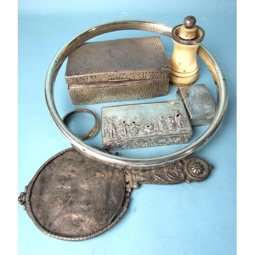 496 - A damaged beaten-silver cigarette box and other damaged silver items.