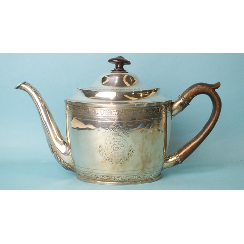 499 - A George III silver teapot of oval outline, with domed hinged lid and chased decoration, with later ... 