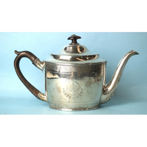 499 - A George III silver teapot of oval outline, with domed hinged lid and chased decoration, with later ... 