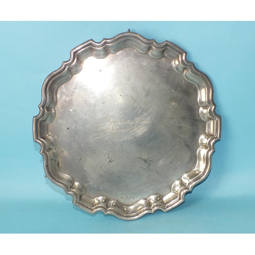 507 - A plain salver with Chippendale border, with engraved inscription Lyneham Walk, Newton Abbot, 1964, ... 