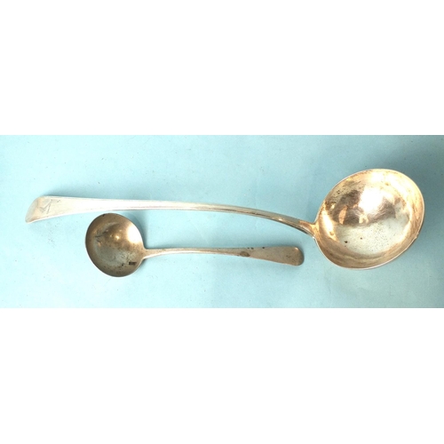 511 - A George III Old English pattern ladle, London 1785, maker RC, ___6.5oz, engraved with crest and a S... 