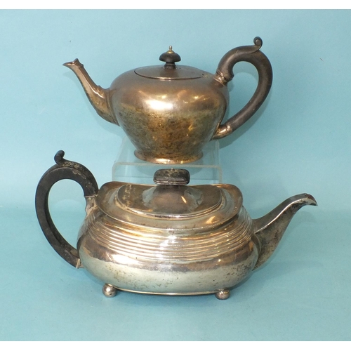 530 - A 19th century bullet-shaped teapot and a rectangular teapot, total weight __29oz, (both damaged), (... 