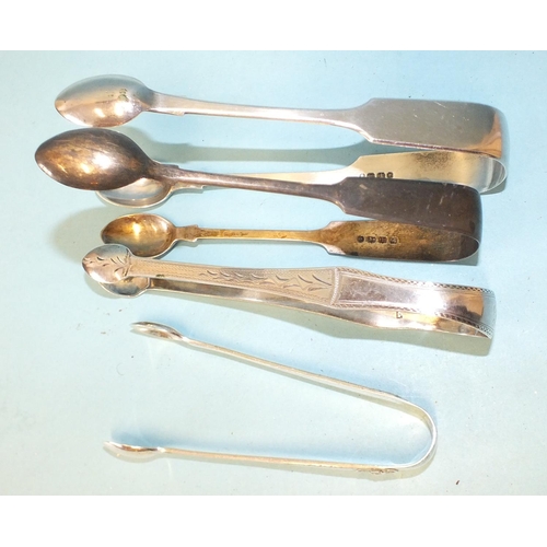 552 - A pair of Georgian bright-cut sugar tongs, two pairs of Exeter tongs, 1856 and 1875 and a modern pai... 