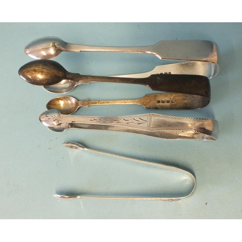 552 - A pair of Georgian bright-cut sugar tongs, two pairs of Exeter tongs, 1856 and 1875 and a modern pai... 