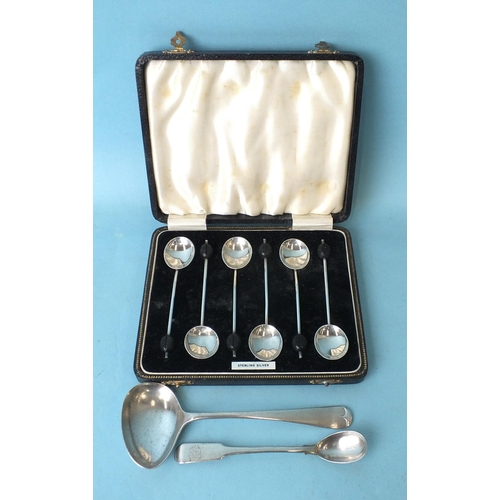 560 - A cased set of six coffee bean spoons, a silver baby's spoon and a Georgian silver mustard spoon, gr... 