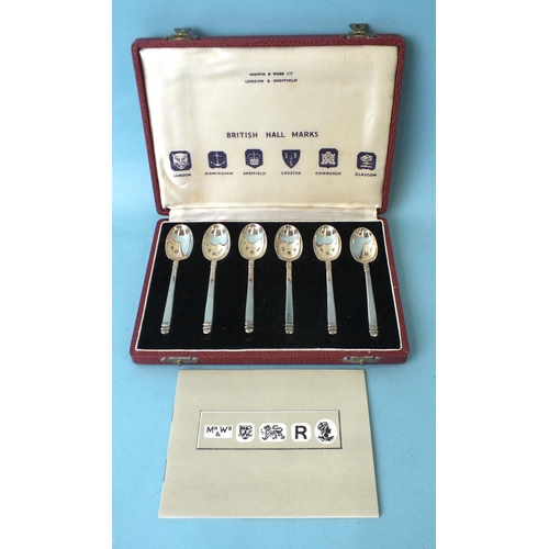 561 - A cased set of six Mappin & Webb silver teaspoons representing the British hallmarks, coronation... 