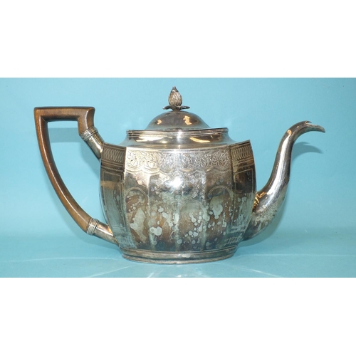 569 - A George III rectangular teapot with oval lid, pineapple finial and wood handle, decorated overall w... 