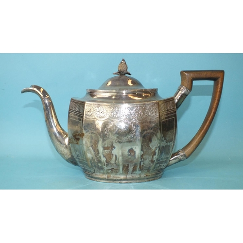 569 - A George III rectangular teapot with oval lid, pineapple finial and wood handle, decorated overall w... 