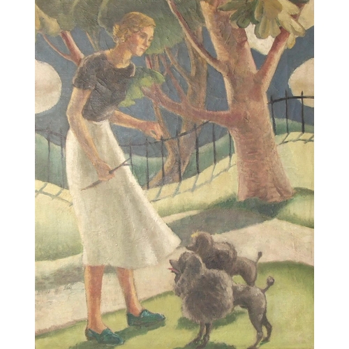 57 - Circa 1930's English School A YOUNG WOMAN HOLDING A STICK WITH TWO POODLES IN A PARK LANDSCAPE Unsig... 
