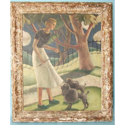 57 - Circa 1930's English School A YOUNG WOMAN HOLDING A STICK WITH TWO POODLES IN A PARK LANDSCAPE Unsig... 