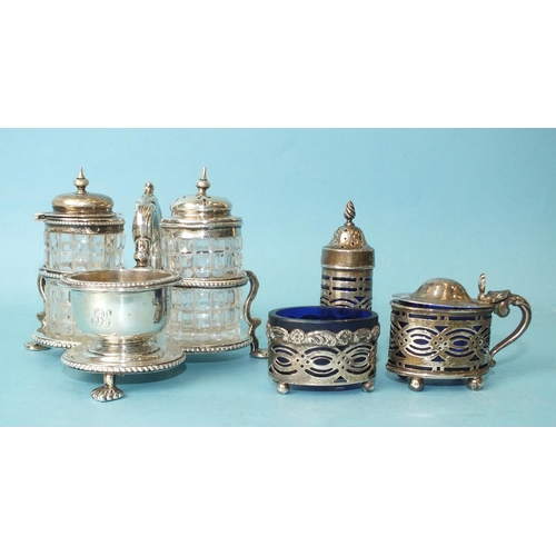 571 - A Victorian silver cruet stand, maker HW &Co, Sheffield 1870, with scroll handle, mustard and ma... 