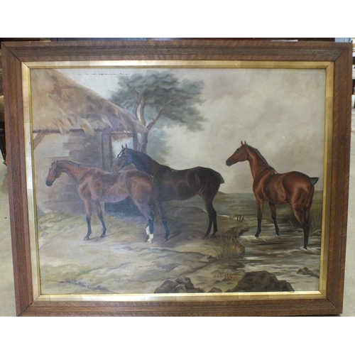 60 - Late-19th Century Naive School THREE BOY HUNTERS OUTSIDE A STABLE Oil on canvas, unsigned, dated Oct... 