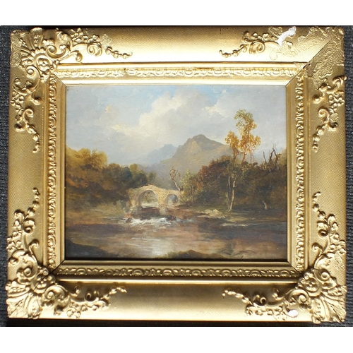 63 - 19th century English School LANDSCAPE AND RIVER BRIDGE Indistinctly-signed oil on panel, 17 x 22cm, ... 