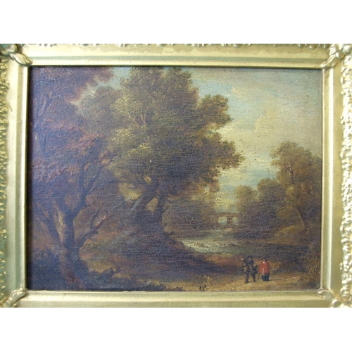 64 - Continental School FIGURES WALKING BY A RIVER WITH A BRIDGE IN THE DISTANCE Unsigned oil on panel, 1... 