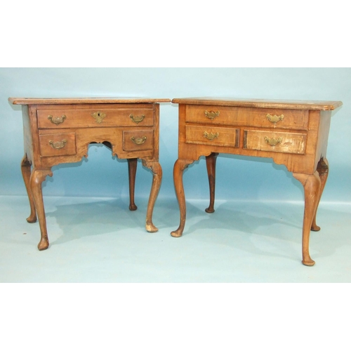 82 - An antique walnut lowboy, the cross-banded top above three drawers, on cabriole legs, 77cm wide and ... 