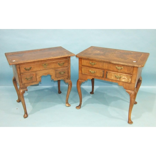 82 - An antique walnut lowboy, the cross-banded top above three drawers, on cabriole legs, 77cm wide and ... 