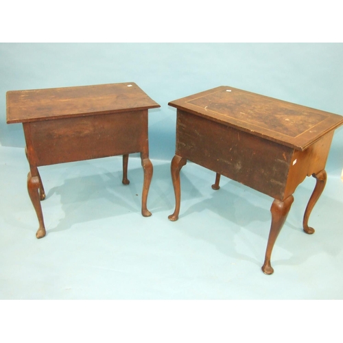 82 - An antique walnut lowboy, the cross-banded top above three drawers, on cabriole legs, 77cm wide and ... 