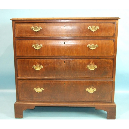 112 - A mainly-18th century  inlaid walnut chest of four long drawers, on later bracket feet, 94cm wide, 9... 