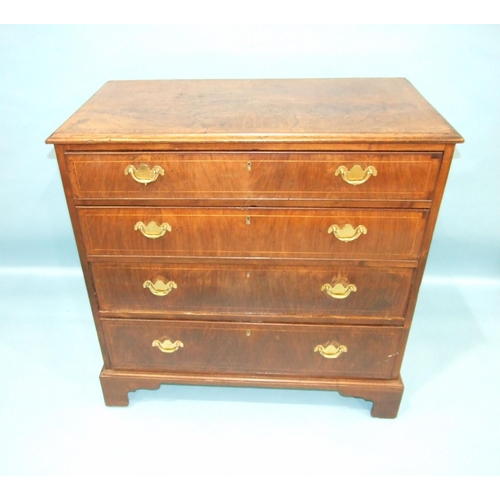 112 - A mainly-18th century  inlaid walnut chest of four long drawers, on later bracket feet, 94cm wide, 9... 