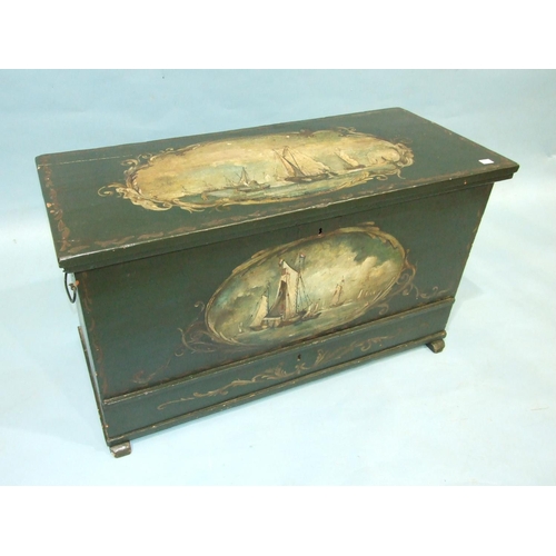 96 - A Continental painted chest, the hinged lid and front painted with oval scenes of fishing boats and ... 