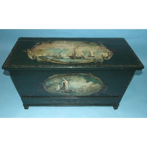 96 - A Continental painted chest, the hinged lid and front painted with oval scenes of fishing boats and ... 