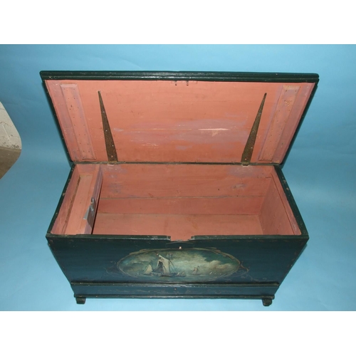 96 - A Continental painted chest, the hinged lid and front painted with oval scenes of fishing boats and ... 